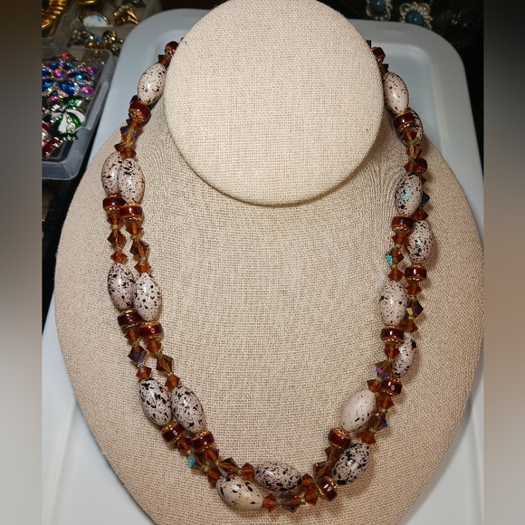 Pastel Speckled Robin's Egg Beads with Brown Crystal AB & Gold tone Necklace - Picture 8 of 8